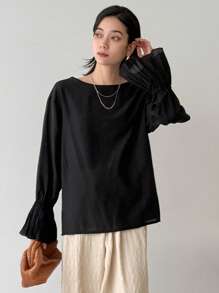 FRIFUL Women's Loose Fit Black Shirt, Round Collar, Flare Sleeves, Elegant Style Long Sleeve Blouse, Spring,Ruffle