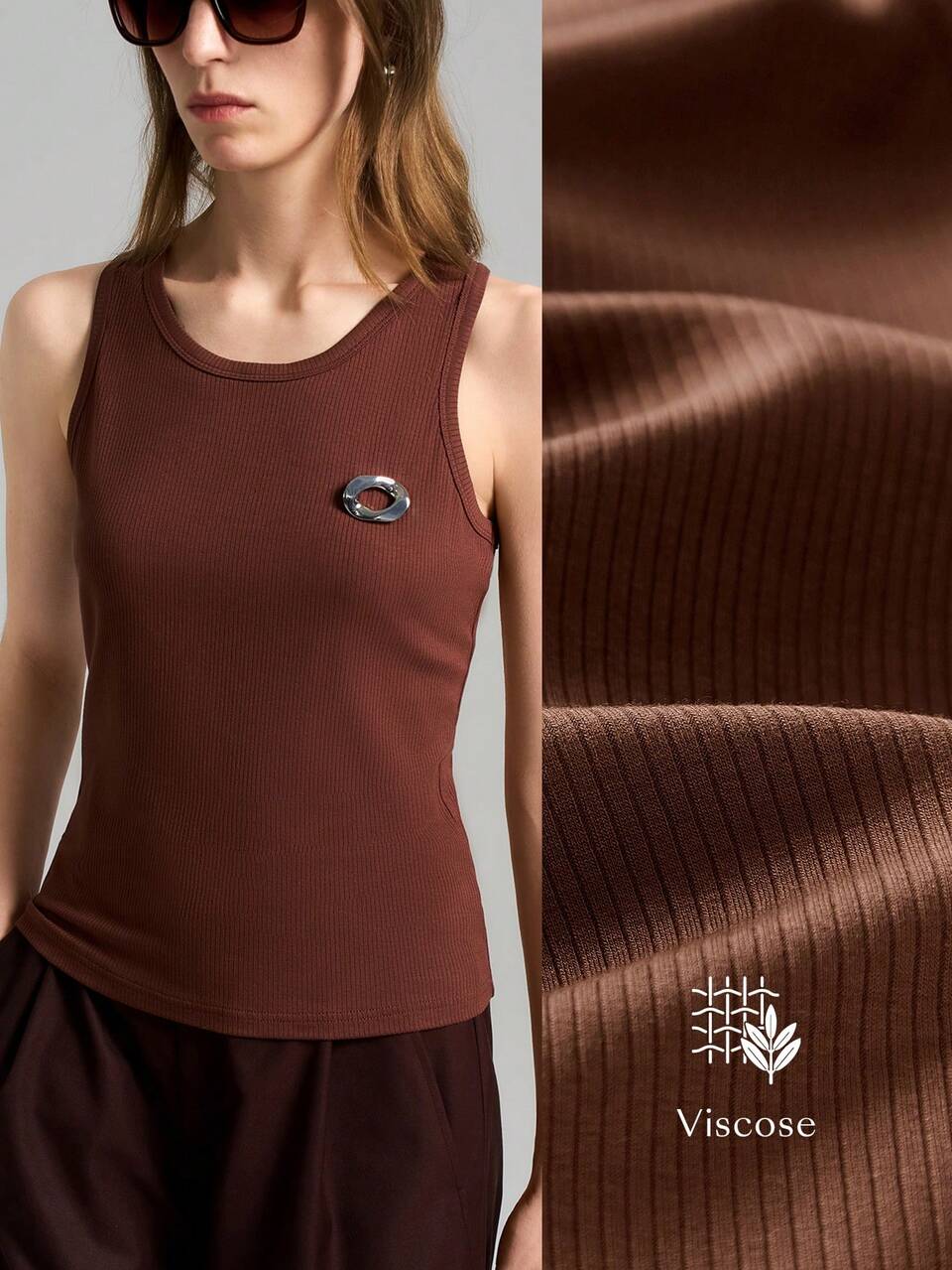 Women's Brown Vintage Coin Decor Crew Neck Casual Elastic Ribbed Tank Top, Basic Classic Style