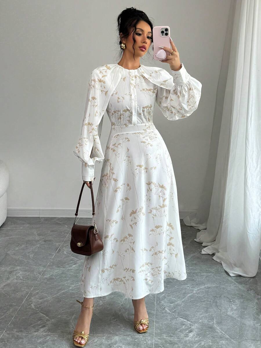 Elenzga Sukienka w stylu vintage z nadrukiem w kształcie latarni, ściągana w talii i luźna, odpowiednia na Eid, randkę, imprezę, walentynki - Biały - Zobacz 1