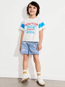 SHEIN 年轻男孩白色滑板全身印花蓝色牛仔效果松紧腰宽松休闲短裤 - 藍色 - 查看 4