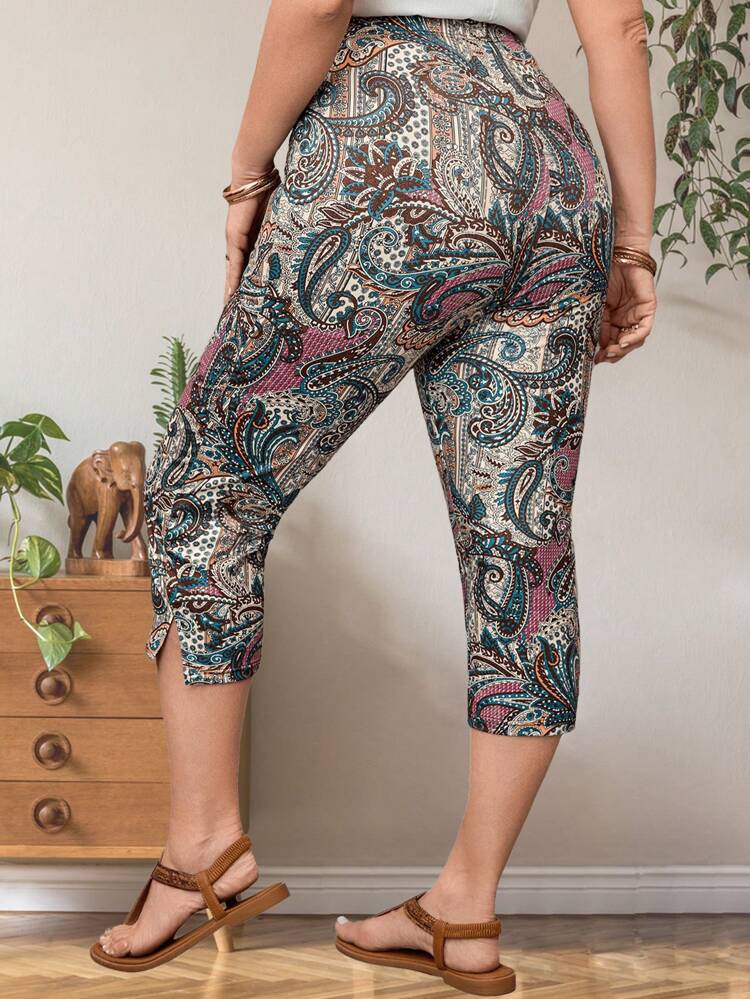 Plus Size Women's Retro Resort Pellis Pattern Printed Cropped Casual Skinny Leggings,Spring Outfits For Women Summer Outfits For Women Spring Break Outfits,Flower/Vacation