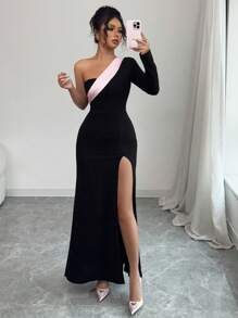 Selianne 不对称肩部双色褶皱腰部开叉优雅浪漫女式连衣裙 - 黑色 - 查看 4