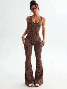 Slayform 1件豹纹深V领褶饰腰喇叭连体裤 - 咖啡棕 - 查看 4