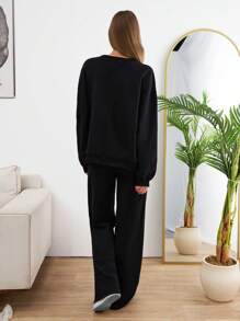 SHEIN Tall SLEEVE CUT DETAIL SLOGANED SWEATSHIRT AND WIDE LEG PANTS - Black - View 2