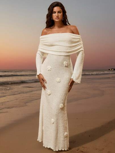 Opulessa 秋冬派对圣诞性感优雅度假纯色针织长袖修身露肩美人鱼连衣裙，带 3D 花卉装饰，适合女士