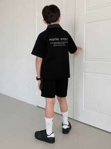 Dazy Kids 2 件套青少年男孩休闲简约短袖衬衫和短裤套装，时尚日常穿着 - 灰色 - 查看 5