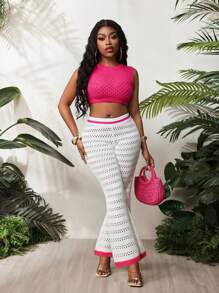 BamGleam Set de 2 piezas con top sin mangas y pantalones de pierna ancha para mujer, de punto suelto con cuello redondo, en color rosa rojo y blanco, para primavera y verano - Rosa Fucsia - Ver 4