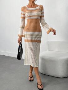 Vestido de punto calado con puños abombados de rayas de contraste - Albaricoque - Ver 6