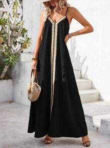Breezaya Solid Color Spaghetti Strap V-Neck Ribbon Splice Casual Holiday Dress For Women