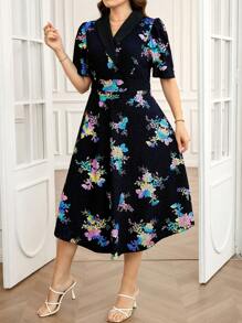 SHEIN Clasi Curvy Plus Size Women's Sparkling Floral Print Short Sleeve Elegant Black Summer Dress,V Neck A-Line Midi Cocktail Resort & Wedding Guest Formal Dress - Multicolor - View 4