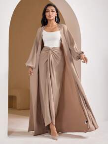 Veilorie Women's Solid Color Lantern Sleeve Long Robe And Waist Twist Midi Skirt, Arab Style Outfit,Modest - Camel - View 2