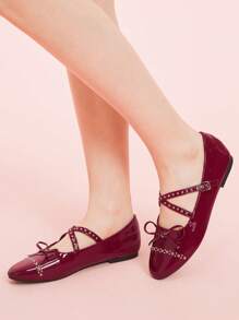 CUCCOO DOLLMOD Women's Comfortable Flat Shoes With Rhinestone Decoration, Elegant Cross Style Spring Shoes Spring Break Easter - Burgundy - View 5