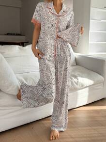 DAZY Leopard Print Contrast Color Lace Trim Loose Women Pajama Set - White - View 5