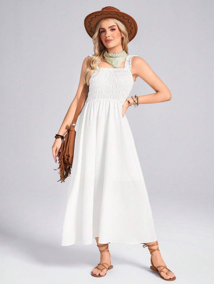 Wildy Sea Dress Western Boho Women Clothing Easter Women Dress Spring White Sleeveless Smocked A-Line Mid-Length Dress For Women - White - View 1