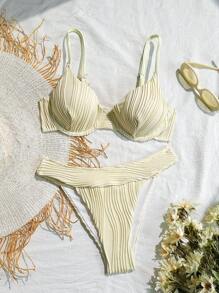 SHEIN Swim Damen Sommer 2-teiliges Bikini Set, einfarbiger strukturierter Stoff mit Bügel und Spaghettiträgern, Strandmode Bademode Boho-Stil, für Sommer Strandurlaub