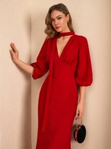 CLARA VERO Vestido de manga larga con detalle de chal de unicolor para mujer