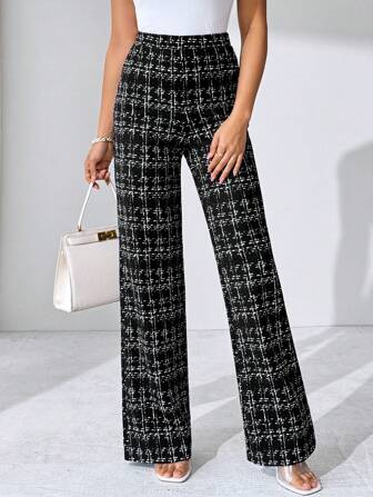 SHEIN Clasi Summer Elegant Women's Plaid Printed Elastic Knitted Pants, Suitable For Various Occasions, Suitable For Summer Vacation, Elegant Travel, And Daily Commuting