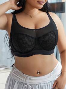 1pc Plus Size Women Lace Spliced Mesh Padded Lingerie Brassiere - Black - View 1