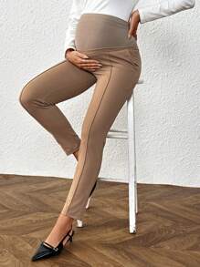 SHEIN Adjustable Waist Solid Color Maternity Pants, Women's Black Formal Trousers, Casual Pants - Khaki - View 3