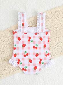 SHEIN Newborn One-Piece Swimsuit With Strawberry Plaid Print, Ruffle Trim & Bow Design, Cute