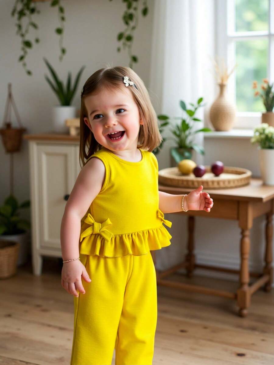 Vintaside Kids 2 件装女婴休闲可爱蝴蝶结无袖上衣和裤子套装