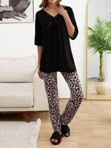 RueChic Cottenline Women 2 Pcs Lace Detail Shirt And Contrast Colour Leopard Pattern Sleep Bottom PJ Set - Black - View 5