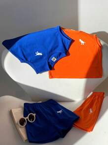 SHEIN 4 件套男童/女童卡通动物印花针织柔软圆领无袖背心 + 松紧腰休闲运动短裤，适合居家、外出、上学