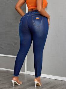 SHEIN SXY Jeans de talla grande de mezclilla desgastados de alta elasticidad con cordón de malla de colores en la cintura, ajuste entallado