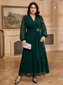 Modelyn 大码纯色长袖休闲连衣裙，简约时尚，适合日常穿着 - 墨綠色 - 查看 6