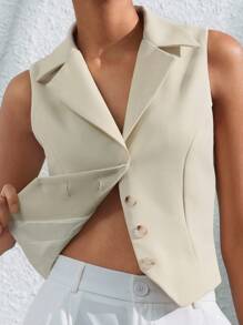 Aveloria Modichic 时尚通勤单排扣翻领无袖背心，收腰，显瘦，女式上衣可分层搭配 - 米色 - 查看 6