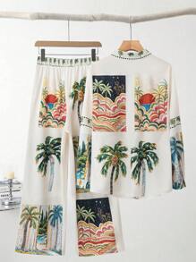 Breezaya Plus Size Women Palm Tree Print Long Sleeve Single-Breasted Shirt And Wide Leg Pants 2pcs Casual Suit Fall Cloth For Women