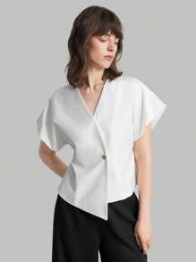 Ontre Women's Clothing New 2025 Spring Exclusive White V-Neck Solid Single-Button Casual Metal Buckle Color Block Short Sleeve Blouse, Elegant Ladies Apparel