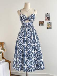 Soleia Rochie midi de damă cu decolteu în V, cu linie A, cu imprimeu retro, potrivită pentru vacanță, întâlniri, Ziua Îndrăgostiților, ceaiul de după-amiază