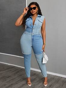 SHEIN SXY Mono de mezclilla vintage lavado de talla grande con diseño elástico y parchwork sexy para mujeres