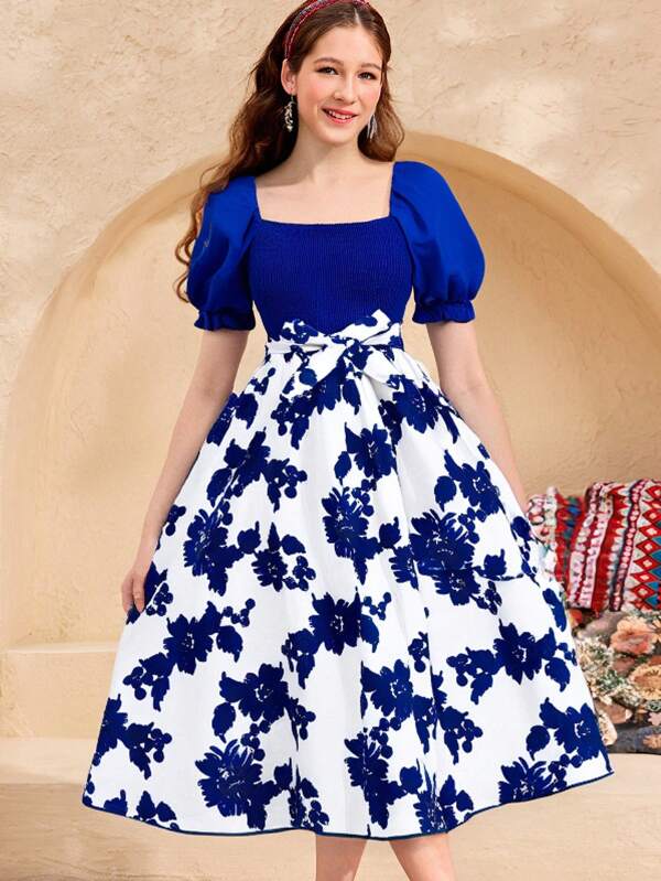 SHEIN Teen Girls Floral Print Puff Sleeve Shirred Dress