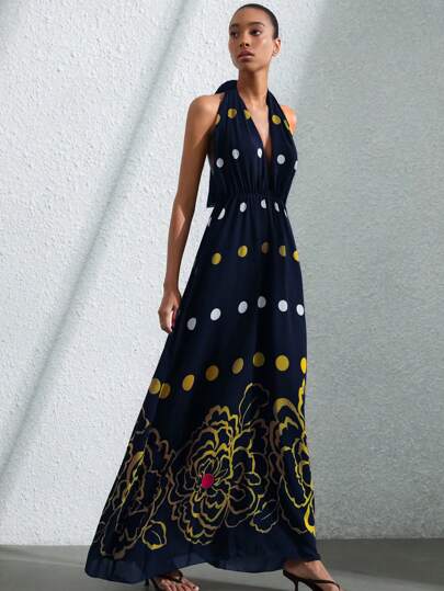 Aveloria Modichic Multi-Color Contrast Chiffon Floral & Polka Dot Print Elegant Ethnical Style Backless Deep V-Neck Dress, Relaxed Vacation Look