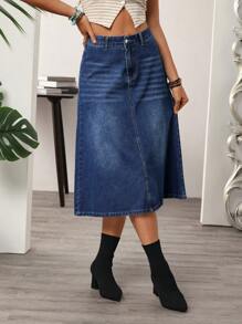 SHEIN LUNE Mid-Waist Loose Denim Washed A-Line Flared Midi Denim Skirt, Casual Holiday