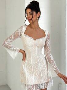Firerie Romantic Lace Sweetheart Neck Bustier Waist A-Line Bell Sleeve Mini Dress, Elegant Date Outfit, Spring/Summer Fairycore Concert Rave Outfit Women - White - View 1