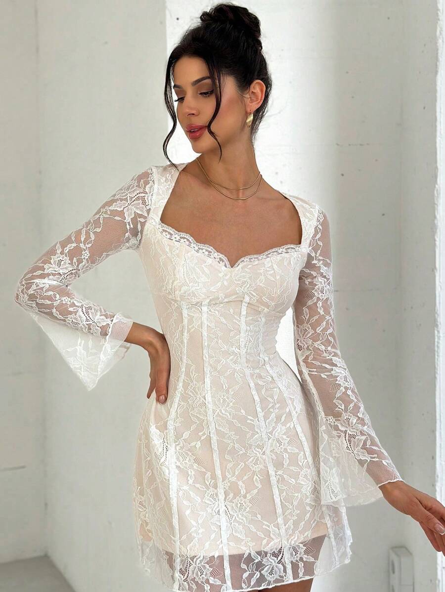 Firerie Romantic Lace Sweetheart Neck Bustier Waist A-Line Bell Sleeve Mini Dress, Elegant Date Outfit, Spring/Summer Fairycore Concert Rave Outfit Women - White - View 1