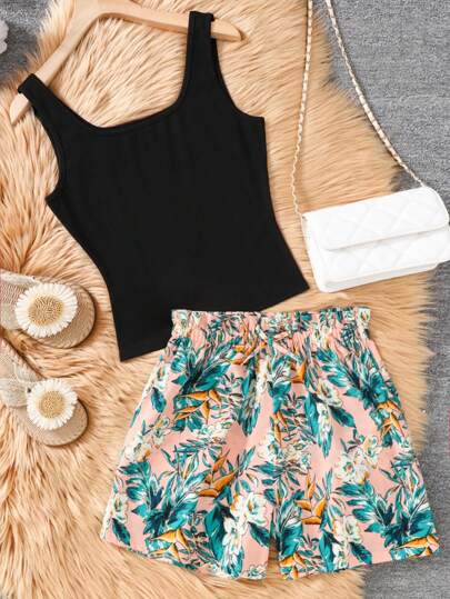 SHEIN Leap Crew 2st/set Tonårsflickor Casual Everyday Vacation Svart ribbstickat linne och blommigt bladtryck Bowknot elastiska midjeshorts Strandoutfit, semester, semester, strand, stranddräkter för flickor/strandsemesterkläder