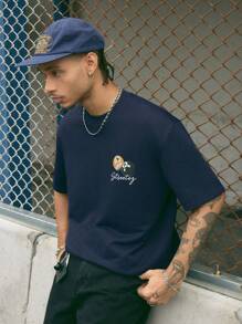 Manfinity NXTstreet Men's Round Neck Letter Print Casual Loose Knit Short Sleeve T-Shirt - Navy Blue - View 1