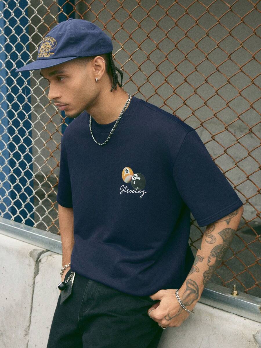 Manfinity NXTstreet Men's Round Neck Letter Print Casual Loose Knit Short Sleeve T-Shirt - Navy Blue - View 1
