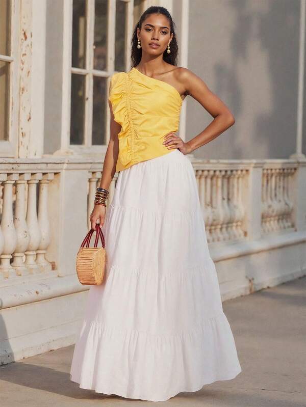 Charllene Santos Blusa de mujer asimétrica con cuello fruncido y volantes, de algodón en color liso. Ideal para festivales, tropical, verano, playa, conciertos, vacaciones elegantes, trabajo informal, estilo occidental, bohemio