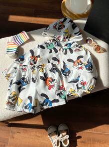 SHEIN 2 Pieces Set Baby Boy Cute Cartoon Pattern Hoodie Jacket And Shorts Casual Holiday Outfit, Spring & Summer