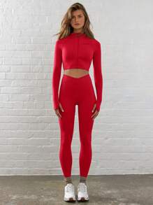 Musera Sport Zip Through Mock Neck Cropped Activewear Top Jacket, Padel, Tennis, Pickleball Gym Fitness Fall  Yoga Pilates Daily Casual - Red - View 4