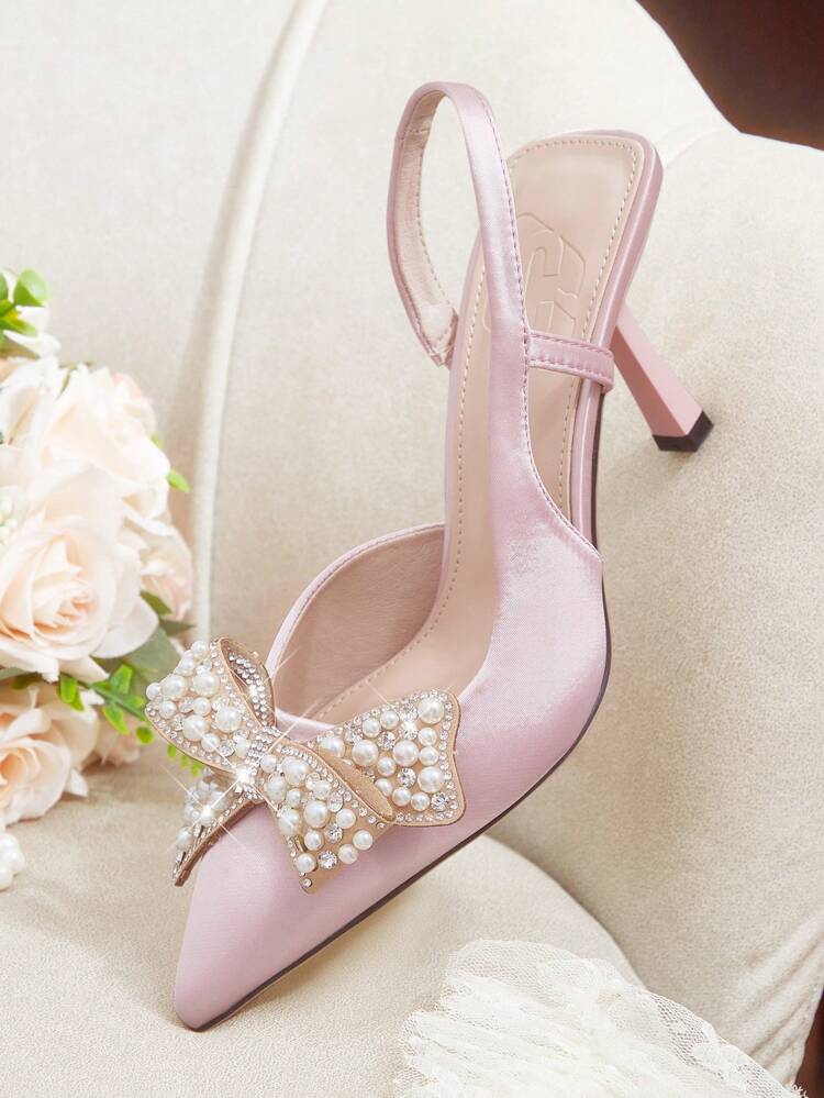 CUCCOO HITCHD Women's Summer/Summer New V-Cut Milky White Low Vamp Cross-Tied Elegant Pointed Toe Ankle Wrap PU Leather Belt Buckle Metal Decor Mirror Leather Soft Comfortable Foot Strap With Large Stones Rhinestone Embellished Chain Five-Metal Girl Handmade Beaded Faux Pearl Embroidered Valentine's Day Wedding Shoes Summer Shoes Bride Shoes