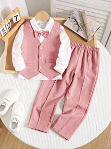 SHEIN 3 件套年轻男孩绅士精致优雅都市白色长袖衬衫、T 恤和背心配裤子西装套装，适合婚礼、派对、郊游、聚会和秋冬季节 - 藕粉色 - 查看 3