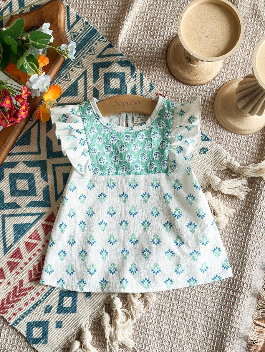 SHEIN Baby Girl Holiday Casual Summer Green And White Color Contrast Crew-Neck Sleeveless Top