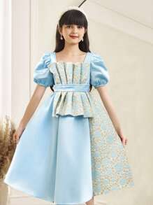 SHEIN Leap Crew Robe mi-longue de princesse de style palais pour filles préadolescentes, en jacquard bleu, design col carré contrastant, manches bouffantes asymétriques. Luxueuse et élégante. - Bleu azur - Voir 1