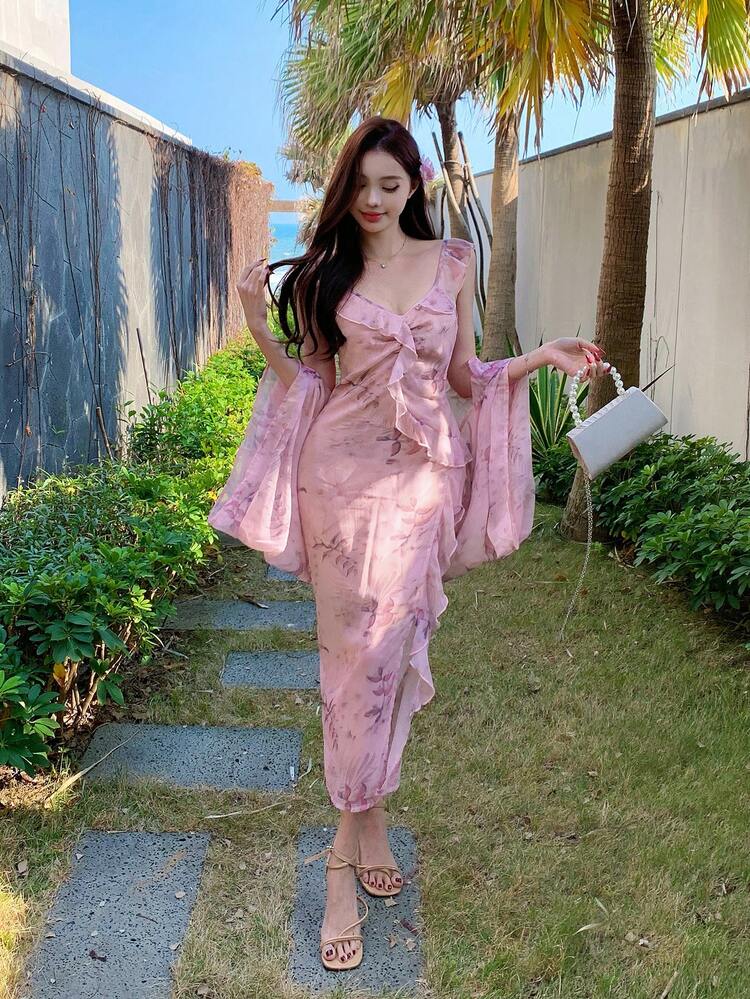 2pcs/Set Women's Ditsy Floral Flounce Hem Bohemian Style Beach Cover Up Shirt And Top Summer,Ruffle